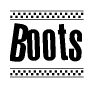 The clipart image displays the text Boots in a bold, stylized font. It is enclosed in a rectangular border with a checkerboard pattern running below and above the text, similar to a finish line in racing. 