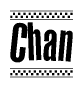 The image is a black and white clipart of the text Chan in a bold, italicized font. The text is bordered by a dotted line on the top and bottom, and there are checkered flags positioned at both ends of the text, usually associated with racing or finishing lines.