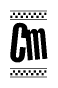 The image is a black and white clipart of the text Cm in a bold, italicized font. The text is bordered by a dotted line on the top and bottom, and there are checkered flags positioned at both ends of the text, usually associated with racing or finishing lines.