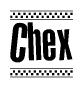 The image is a black and white clipart of the text Chex in a bold, italicized font. The text is bordered by a dotted line on the top and bottom, and there are checkered flags positioned at both ends of the text, usually associated with racing or finishing lines.