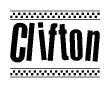 The image contains the text Clifton in a bold, stylized font, with a checkered flag pattern bordering the top and bottom of the text.