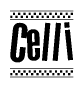 The image contains the text Celli in a bold, stylized font, with a checkered flag pattern bordering the top and bottom of the text.