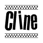 The image contains the text Cline in a bold, stylized font, with a checkered flag pattern bordering the top and bottom of the text.