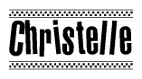 The image is a black and white clipart of the text Christelle in a bold, italicized font. The text is bordered by a dotted line on the top and bottom, and there are checkered flags positioned at both ends of the text, usually associated with racing or finishing lines.