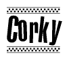 The image contains the text Corky in a bold, stylized font, with a checkered flag pattern bordering the top and bottom of the text.