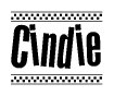 The image contains the text Cindie in a bold, stylized font, with a checkered flag pattern bordering the top and bottom of the text.