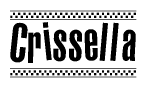 The clipart image displays the text Crissella in a bold, stylized font. It is enclosed in a rectangular border with a checkerboard pattern running below and above the text, similar to a finish line in racing. 