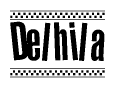 The image is a black and white clipart of the text Delhila in a bold, italicized font. The text is bordered by a dotted line on the top and bottom, and there are checkered flags positioned at both ends of the text, usually associated with racing or finishing lines.