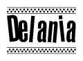 The clipart image displays the text Delania in a bold, stylized font. It is enclosed in a rectangular border with a checkerboard pattern running below and above the text, similar to a finish line in racing. 