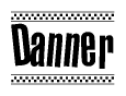 The image contains the text Danner in a bold, stylized font, with a checkered flag pattern bordering the top and bottom of the text.
