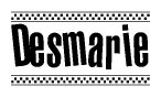 The image contains the text Desmarie in a bold, stylized font, with a checkered flag pattern bordering the top and bottom of the text.