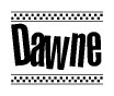 The clipart image displays the text Dawne in a bold, stylized font. It is enclosed in a rectangular border with a checkerboard pattern running below and above the text, similar to a finish line in racing. 