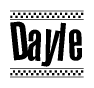 The image is a black and white clipart of the text Dayle in a bold, italicized font. The text is bordered by a dotted line on the top and bottom, and there are checkered flags positioned at both ends of the text, usually associated with racing or finishing lines.