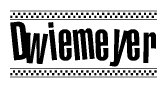 The clipart image displays the text Dwiemeyer in a bold, stylized font. It is enclosed in a rectangular border with a checkerboard pattern running below and above the text, similar to a finish line in racing. 