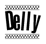 The image is a black and white clipart of the text Delly in a bold, italicized font. The text is bordered by a dotted line on the top and bottom, and there are checkered flags positioned at both ends of the text, usually associated with racing or finishing lines.