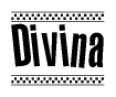 The clipart image displays the text Divina in a bold, stylized font. It is enclosed in a rectangular border with a checkerboard pattern running below and above the text, similar to a finish line in racing. 