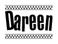 The image is a black and white clipart of the text Dareen in a bold, italicized font. The text is bordered by a dotted line on the top and bottom, and there are checkered flags positioned at both ends of the text, usually associated with racing or finishing lines.
