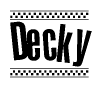 The clipart image displays the text Decky in a bold, stylized font. It is enclosed in a rectangular border with a checkerboard pattern running below and above the text, similar to a finish line in racing. 