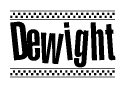 The image contains the text Dewight in a bold, stylized font, with a checkered flag pattern bordering the top and bottom of the text.