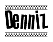 The image contains the text Denniz in a bold, stylized font, with a checkered flag pattern bordering the top and bottom of the text.