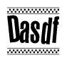 The image is a black and white clipart of the text Dasdf in a bold, italicized font. The text is bordered by a dotted line on the top and bottom, and there are checkered flags positioned at both ends of the text, usually associated with racing or finishing lines.
