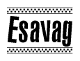 The image is a black and white clipart of the text Esavag in a bold, italicized font. The text is bordered by a dotted line on the top and bottom, and there are checkered flags positioned at both ends of the text, usually associated with racing or finishing lines.