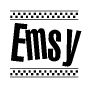 The image contains the text Emsy in a bold, stylized font, with a checkered flag pattern bordering the top and bottom of the text.