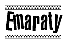The image contains the text Emaraty in a bold, stylized font, with a checkered flag pattern bordering the top and bottom of the text.