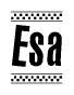 The image contains the text Esa in a bold, stylized font, with a checkered flag pattern bordering the top and bottom of the text.