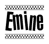 The image is a black and white clipart of the text Emine in a bold, italicized font. The text is bordered by a dotted line on the top and bottom, and there are checkered flags positioned at both ends of the text, usually associated with racing or finishing lines.