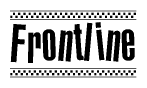 The image is a black and white clipart of the text Frontline in a bold, italicized font. The text is bordered by a dotted line on the top and bottom, and there are checkered flags positioned at both ends of the text, usually associated with racing or finishing lines.