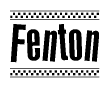The image contains the text Fenton in a bold, stylized font, with a checkered flag pattern bordering the top and bottom of the text.