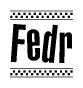 The image is a black and white clipart of the text Fedr in a bold, italicized font. The text is bordered by a dotted line on the top and bottom, and there are checkered flags positioned at both ends of the text, usually associated with racing or finishing lines.