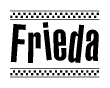 The image contains the text Frieda in a bold, stylized font, with a checkered flag pattern bordering the top and bottom of the text.