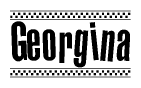 The image contains the text Georgina in a bold, stylized font, with a checkered flag pattern bordering the top and bottom of the text.