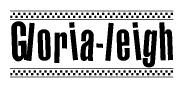 The image is a black and white clipart of the text Gloria-leigh in a bold, italicized font. The text is bordered by a dotted line on the top and bottom, and there are checkered flags positioned at both ends of the text, usually associated with racing or finishing lines.
