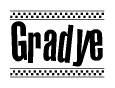 The image is a black and white clipart of the text Gradye in a bold, italicized font. The text is bordered by a dotted line on the top and bottom, and there are checkered flags positioned at both ends of the text, usually associated with racing or finishing lines.