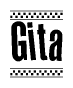 The image is a black and white clipart of the text Gita in a bold, italicized font. The text is bordered by a dotted line on the top and bottom, and there are checkered flags positioned at both ends of the text, usually associated with racing or finishing lines.