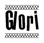 The image contains the text Glori in a bold, stylized font, with a checkered flag pattern bordering the top and bottom of the text.