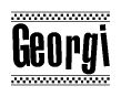 The image contains the text Georgi in a bold, stylized font, with a checkered flag pattern bordering the top and bottom of the text.