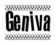 The image contains the text Geniva in a bold, stylized font, with a checkered flag pattern bordering the top and bottom of the text.