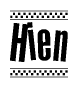 The image is a black and white clipart of the text Hien in a bold, italicized font. The text is bordered by a dotted line on the top and bottom, and there are checkered flags positioned at both ends of the text, usually associated with racing or finishing lines.