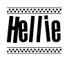 The image is a black and white clipart of the text Hellie in a bold, italicized font. The text is bordered by a dotted line on the top and bottom, and there are checkered flags positioned at both ends of the text, usually associated with racing or finishing lines.