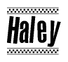 The image is a black and white clipart of the text Haley in a bold, italicized font. The text is bordered by a dotted line on the top and bottom, and there are checkered flags positioned at both ends of the text, usually associated with racing or finishing lines.