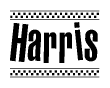 The image is a black and white clipart of the text Harris in a bold, italicized font. The text is bordered by a dotted line on the top and bottom, and there are checkered flags positioned at both ends of the text, usually associated with racing or finishing lines.