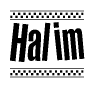 The clipart image displays the text Halim in a bold, stylized font. It is enclosed in a rectangular border with a checkerboard pattern running below and above the text, similar to a finish line in racing. 