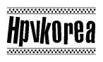 The image is a black and white clipart of the text Hpvkorea in a bold, italicized font. The text is bordered by a dotted line on the top and bottom, and there are checkered flags positioned at both ends of the text, usually associated with racing or finishing lines.