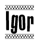 The image contains the text Igor in a bold, stylized font, with a checkered flag pattern bordering the top and bottom of the text.