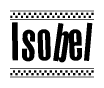 The clipart image displays the text Isobel in a bold, stylized font. It is enclosed in a rectangular border with a checkerboard pattern running below and above the text, similar to a finish line in racing. 