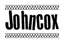 The image is a black and white clipart of the text Johncox in a bold, italicized font. The text is bordered by a dotted line on the top and bottom, and there are checkered flags positioned at both ends of the text, usually associated with racing or finishing lines.